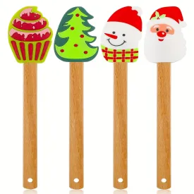 1pc/4pcs, Christmas Silicone Spatula Xmas Cake Spatula With Wooden Handle Snowmen Pancake Spatula Cute Pan Scraper Xmas Dish Scraper Cooking Spatulas For Kitchen Mixing Cooking Baking (Cute Style)