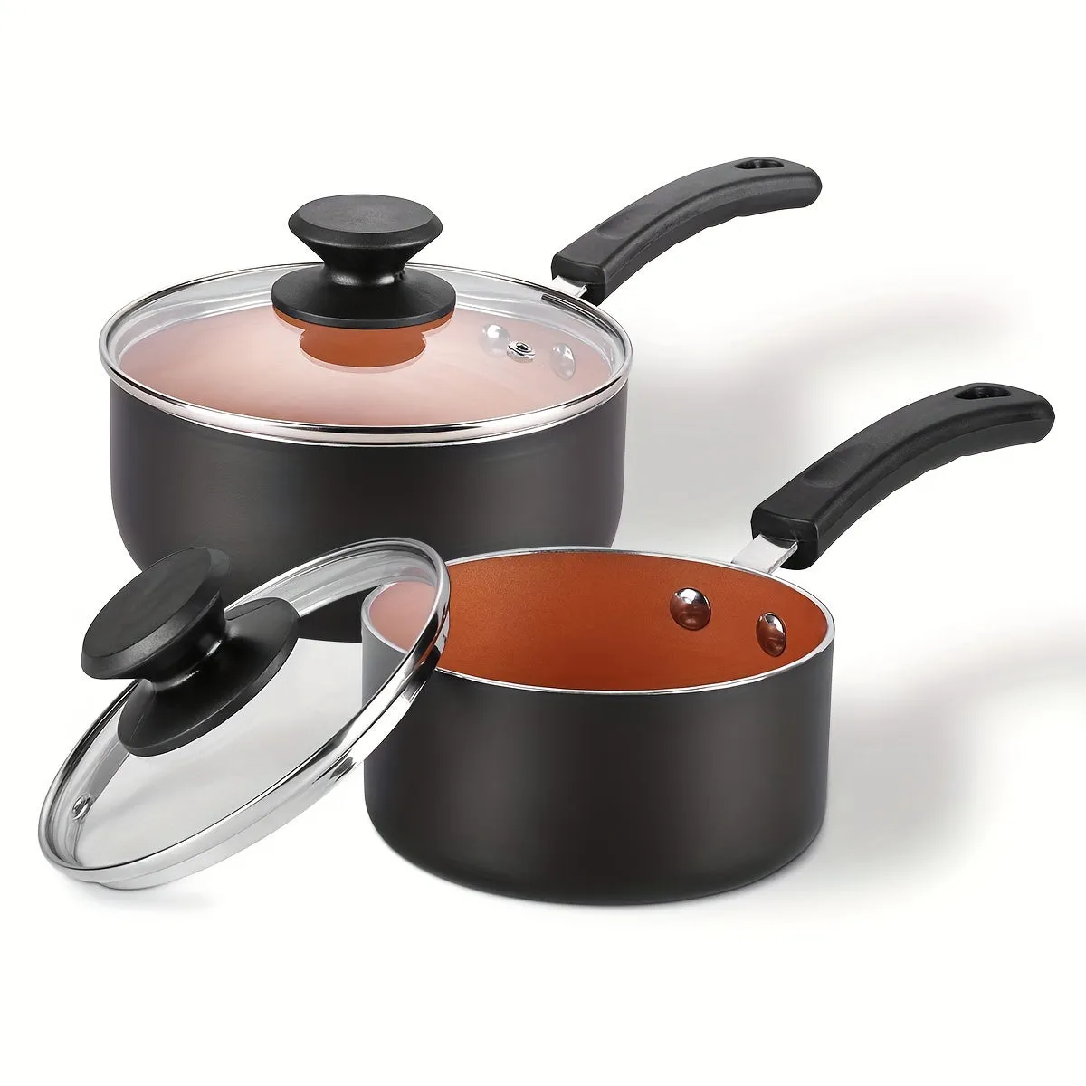 1set Nonstick Sauce Pan Set with Lid, 1 QT   2.0 QT Sauce pot Cooking Pots Set, Stay-cool Handle, Induction Compatible, PFOA Free Black and Golden