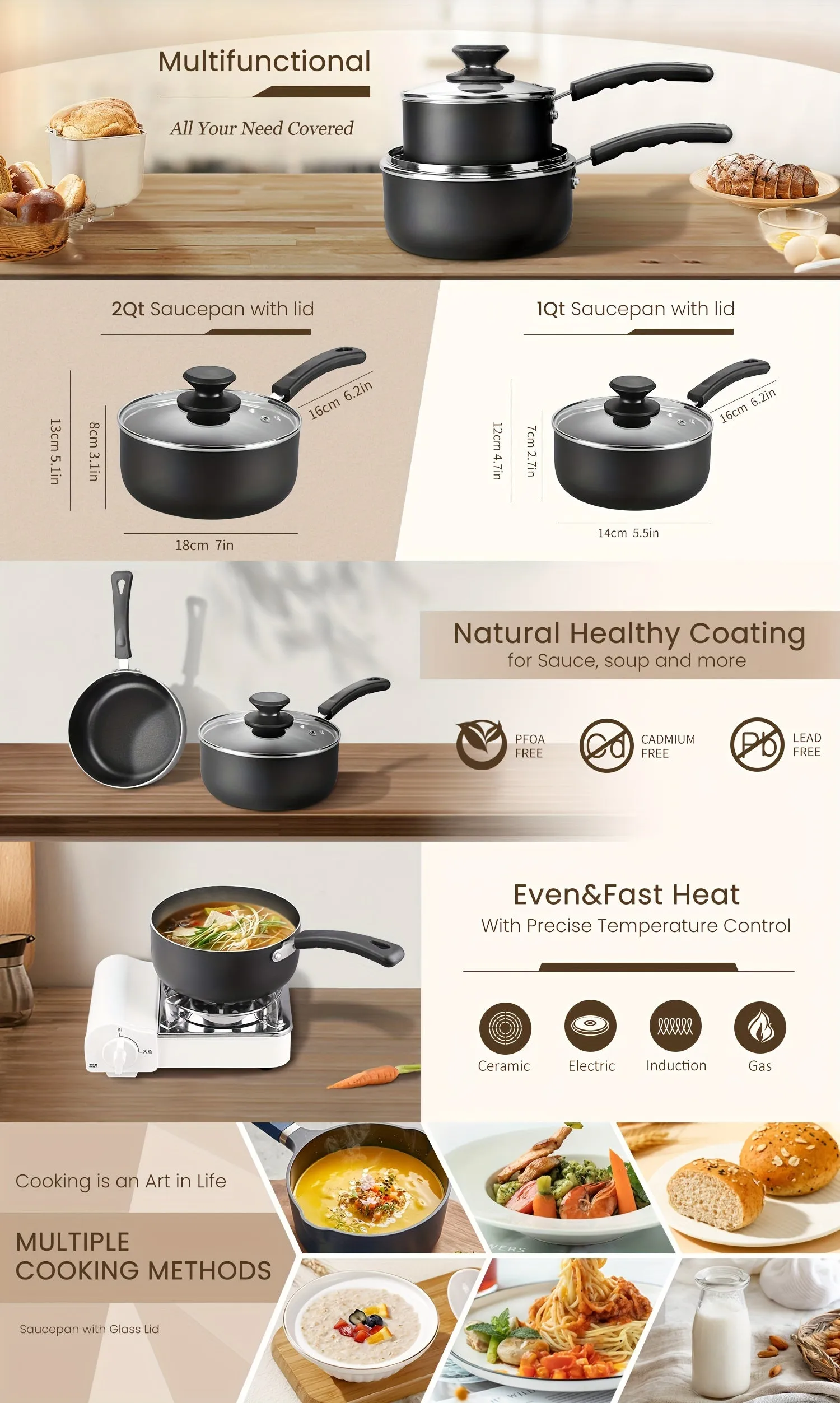 1set Nonstick Sauce Pan Set with Lid, 1 QT   2.0 QT Sauce pot Cooking Pots Set, Stay-cool Handle, Induction Compatible, PFOA Free Black and Golden