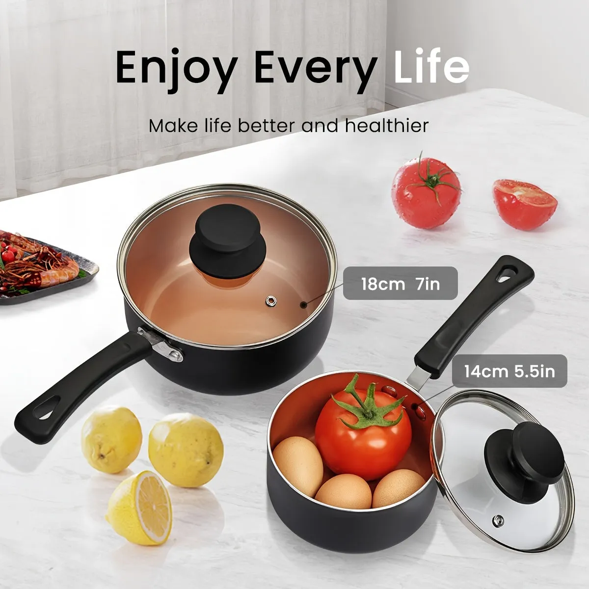 1set Nonstick Sauce Pan Set with Lid, 1 QT   2.0 QT Sauce pot Cooking Pots Set, Stay-cool Handle, Induction Compatible, PFOA Free Black and Golden