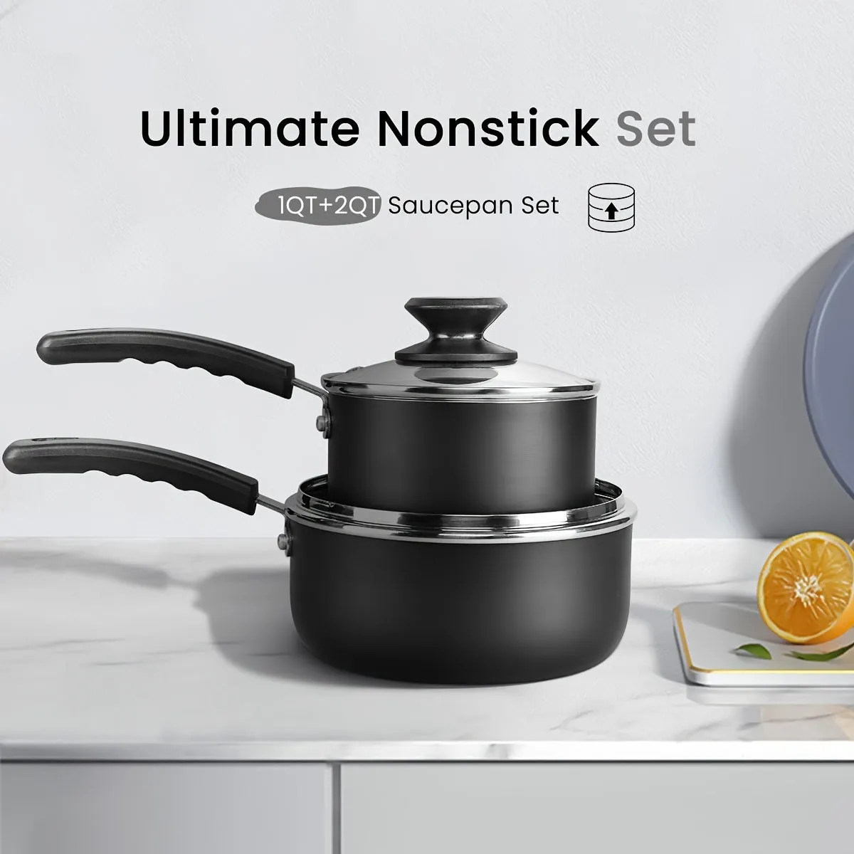 1set Nonstick Sauce Pan Set with Lid, 1 QT   2.0 QT Sauce pot Cooking Pots Set, Stay-cool Handle, Induction Compatible, PFOA Free Black and Golden