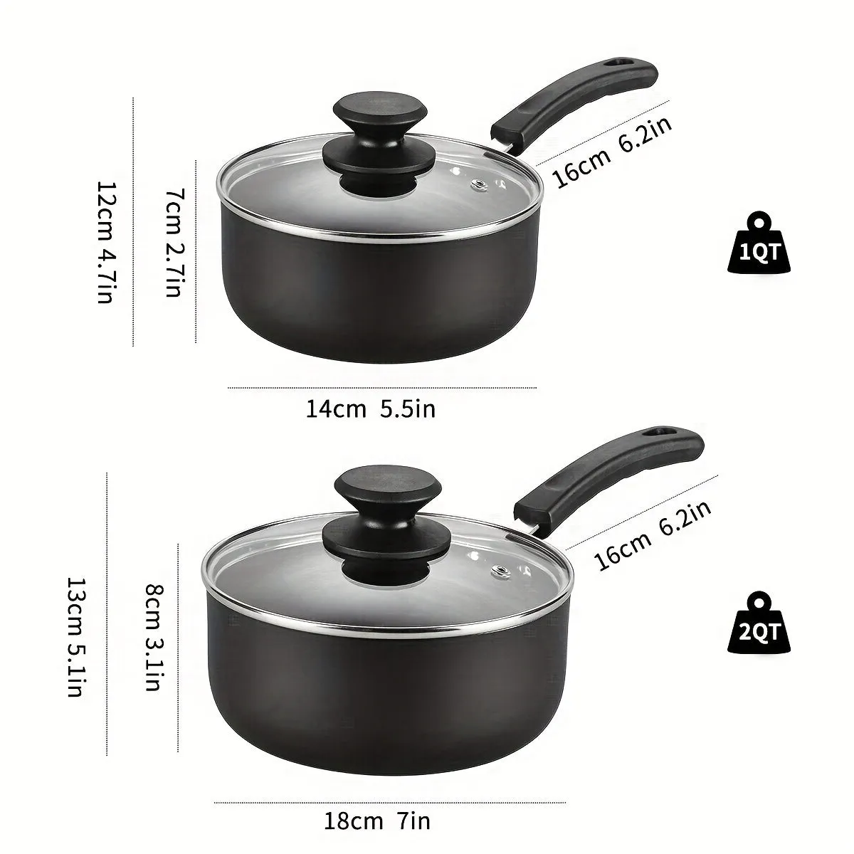 1set Nonstick Sauce Pan Set with Lid, 1 QT   2.0 QT Sauce pot Cooking Pots Set, Stay-cool Handle, Induction Compatible, PFOA Free Black and Golden