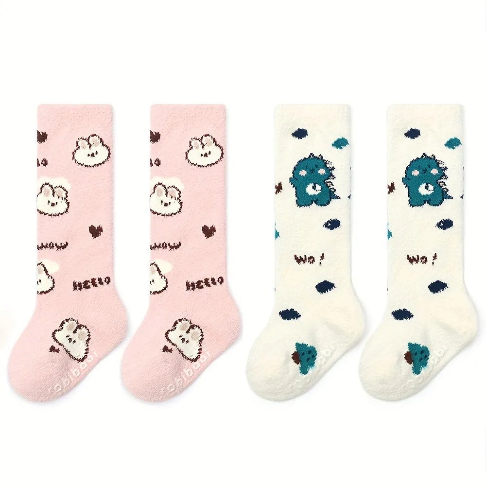 2 Pairs Super Thick Winter High Crew Baby Sleeping Socks Infant And Toddler Warm Point Glue Floor Socks Coral Velvet Tube Socks