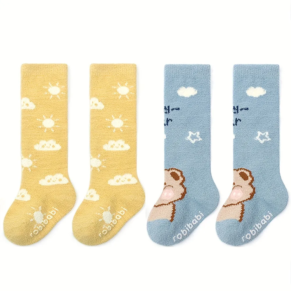 2 Pairs Super Thick Winter High Crew Baby Sleeping Socks Infant And Toddler Warm Point Glue Floor Socks Coral Velvet Tube Socks