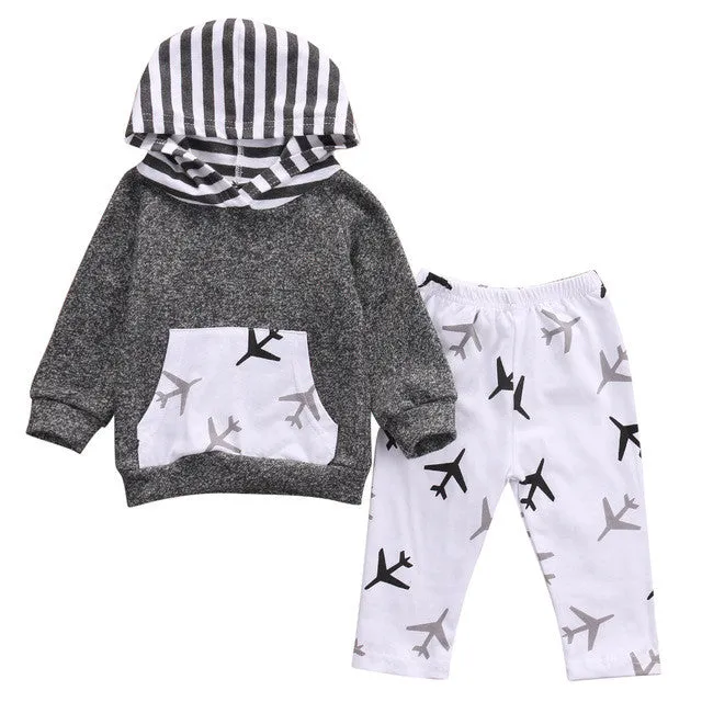 2016 Toddler Kids Baby Boy Girl Clothes Hooded Tops   Planes Pants 2pcs Casual Outfits Bebek Giyim Clothing Set 0-5Y