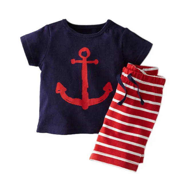 2017 Kids Summer Clothes Sets Pirate Ship Cartoon Printed T-Shirt  Stripe Pant Kids Boy Clothing 2 PCS Set