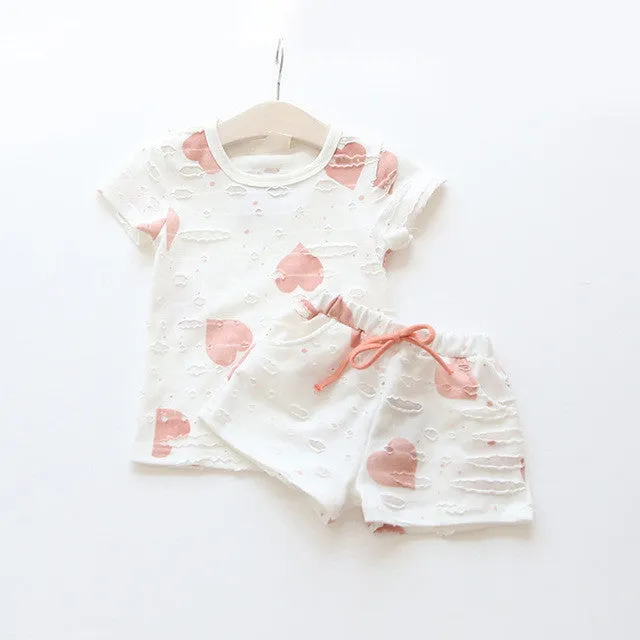 2pcs/sets,Casual Kids Clothing Baby Girls Clothes Sets Summer Heart Printed Girl Tops Shirts   Shorts Suits Children's Clothing