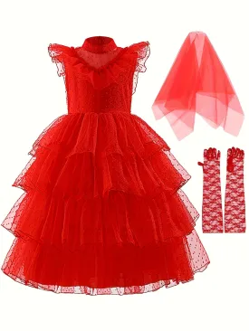 3-Piece Girls' Flaming Red Dress Up Set: Mesh Flutter Sleeve Tutu Layered Dress, Gloves & Veil for Halloween Party & Performance