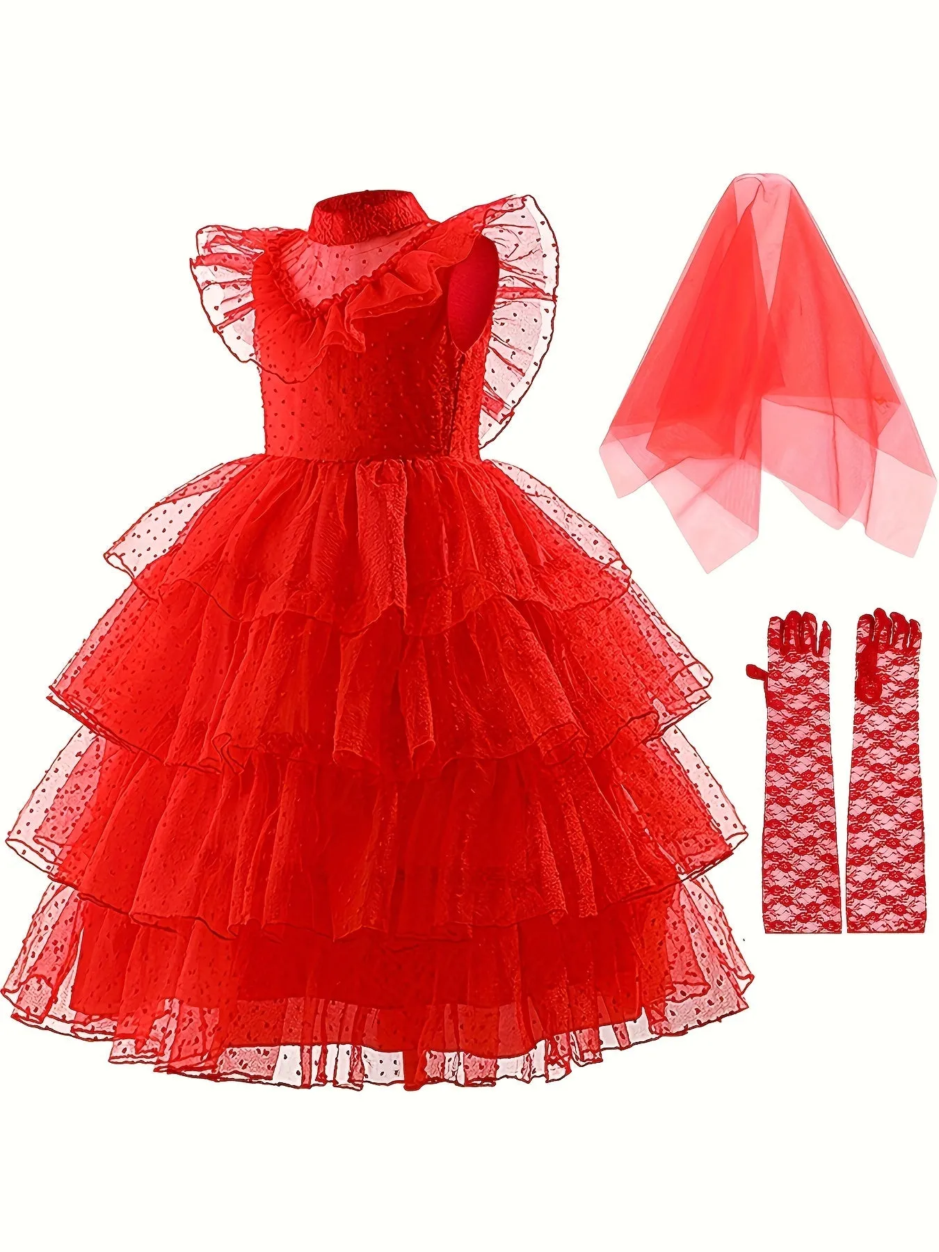 3-Piece Girls' Flaming Red Dress Up Set: Mesh Flutter Sleeve Tutu Layered Dress, Gloves & Veil for Halloween Party & Performance