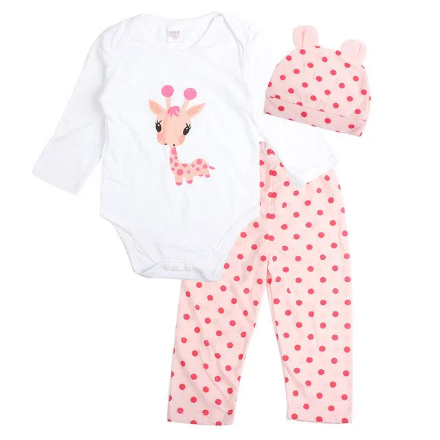 3pcs Newborn Baby Girl Clothes Long-sleeved Romper Hat Pants Sets Infant Animal Cartoon Winter Cotton Baby Boy Girl Clothing Set