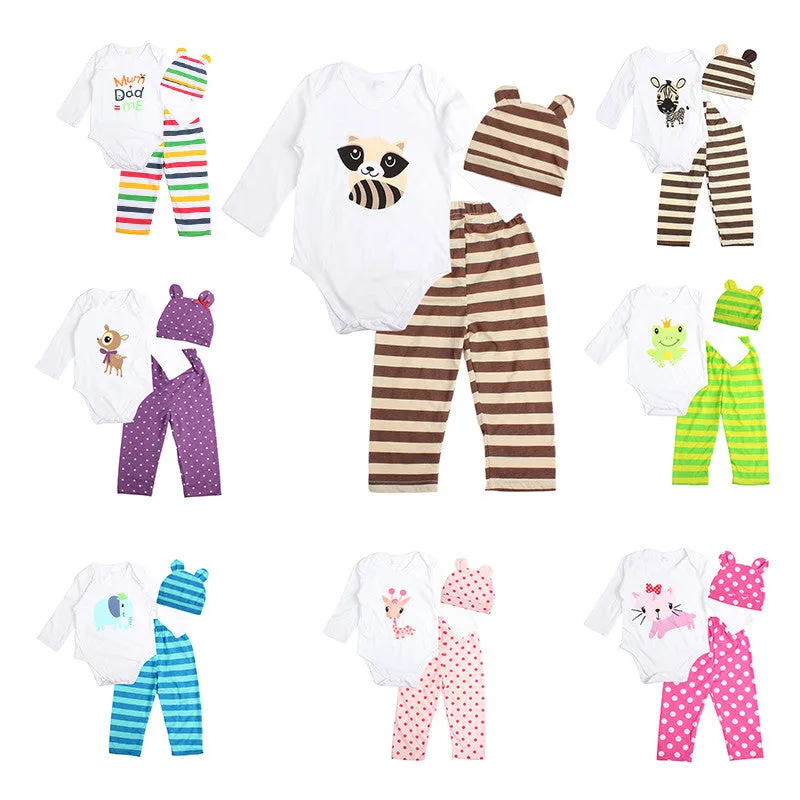 3pcs Newborn Baby Girl Clothes Long-sleeved Romper Hat Pants Sets Infant Animal Cartoon Winter Cotton Baby Boy Girl Clothing Set