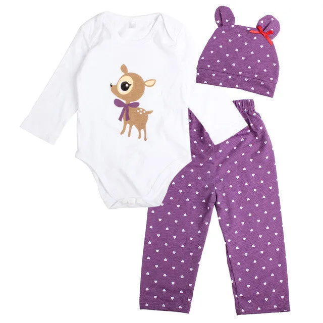 3pcs Newborn Baby Girl Clothes Long-sleeved Romper Hat Pants Sets Infant Animal Cartoon Winter Cotton Baby Boy Girl Clothing Set