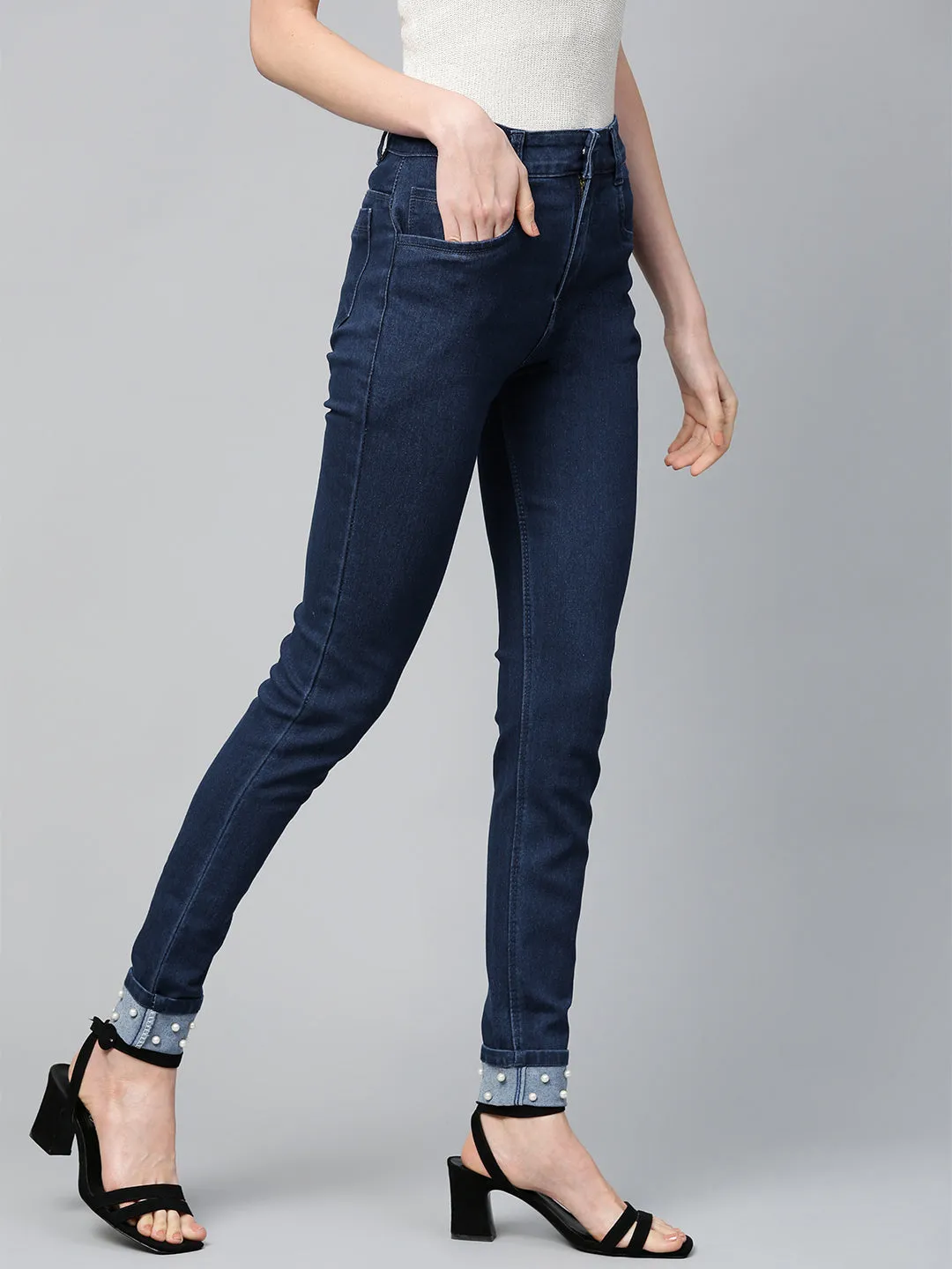 Basic Blue Pearl Studded Hem Jeans