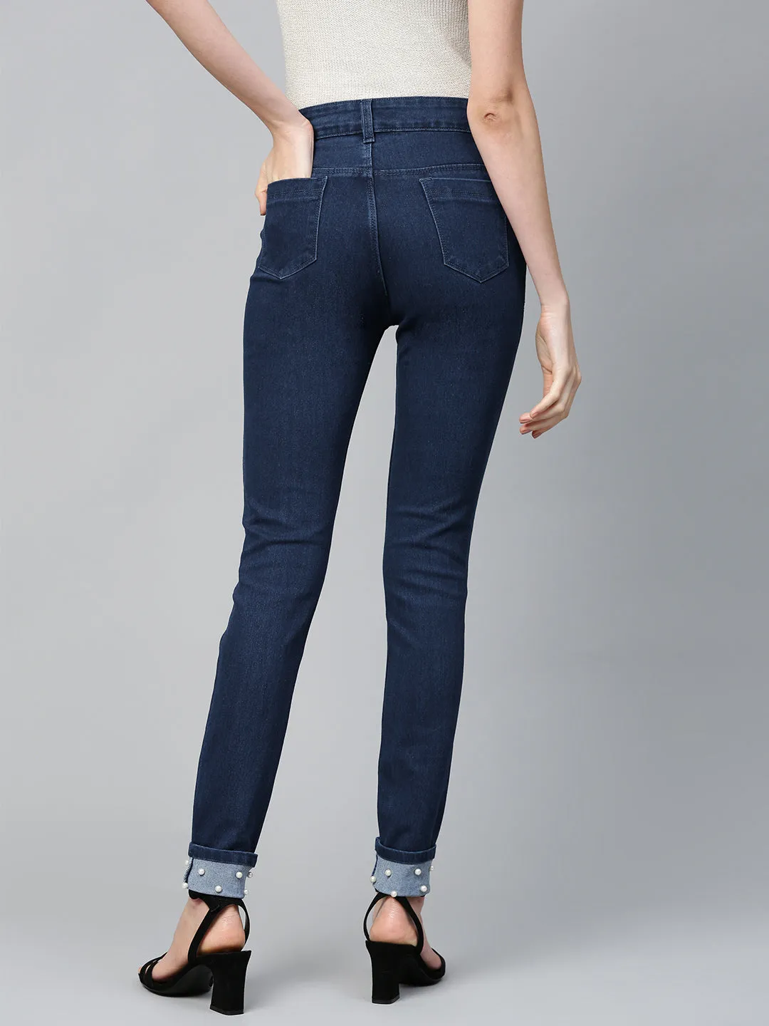 Basic Blue Pearl Studded Hem Jeans