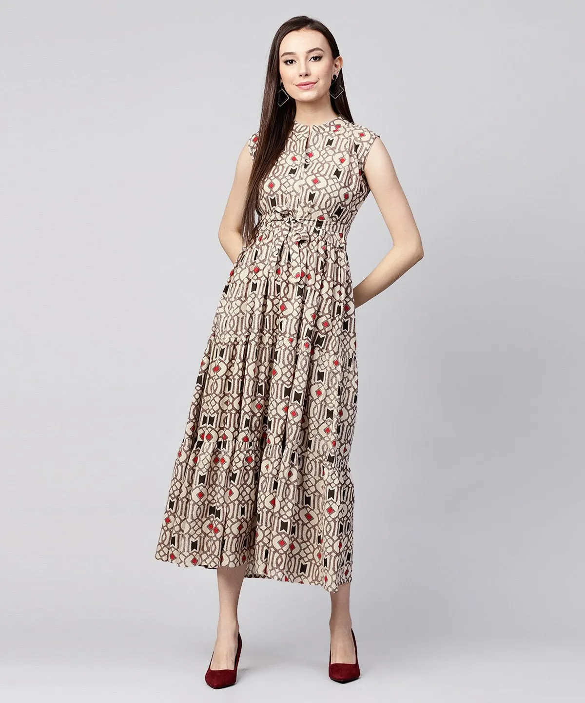 Beige Printed Sleeveless Cotton Maxi Dress