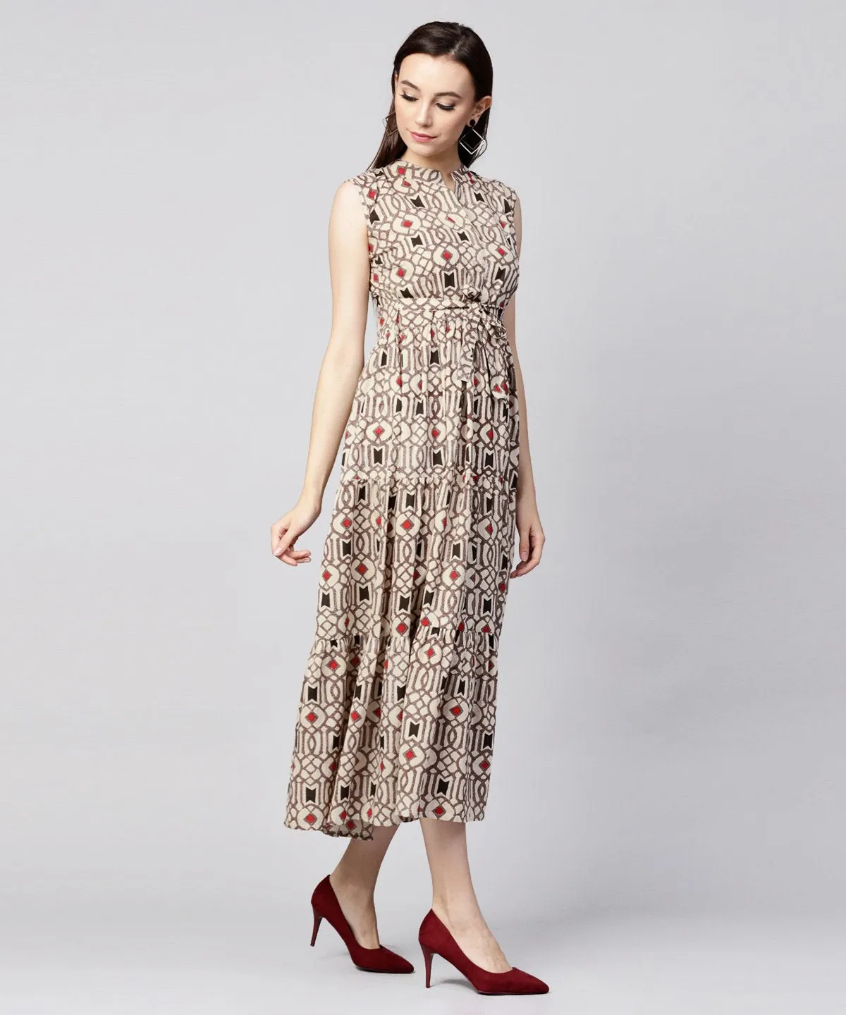 Beige Printed Sleeveless Cotton Maxi Dress