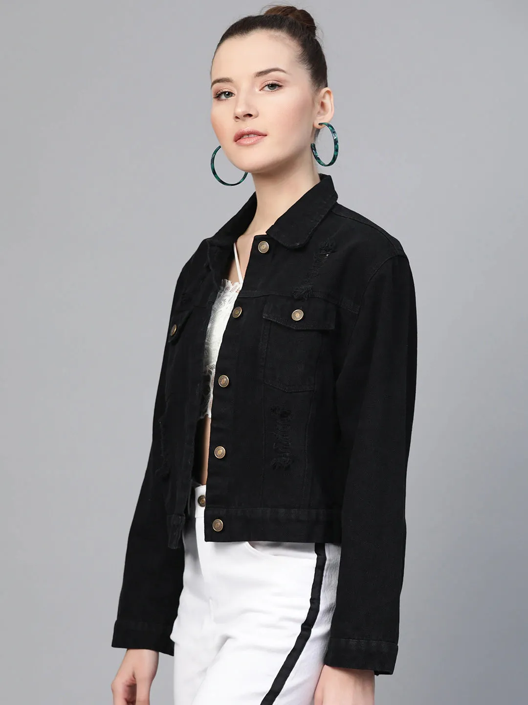 Black Distress Look Denim Jacket