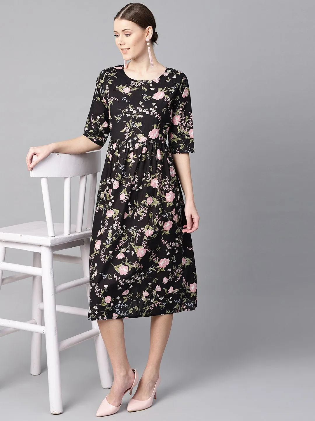 Black Floral Dress With Round Neck & Half Sleeves