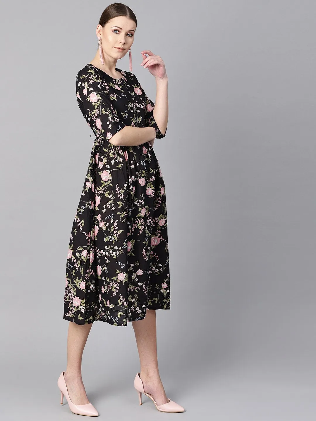 Black Floral Dress With Round Neck & Half Sleeves