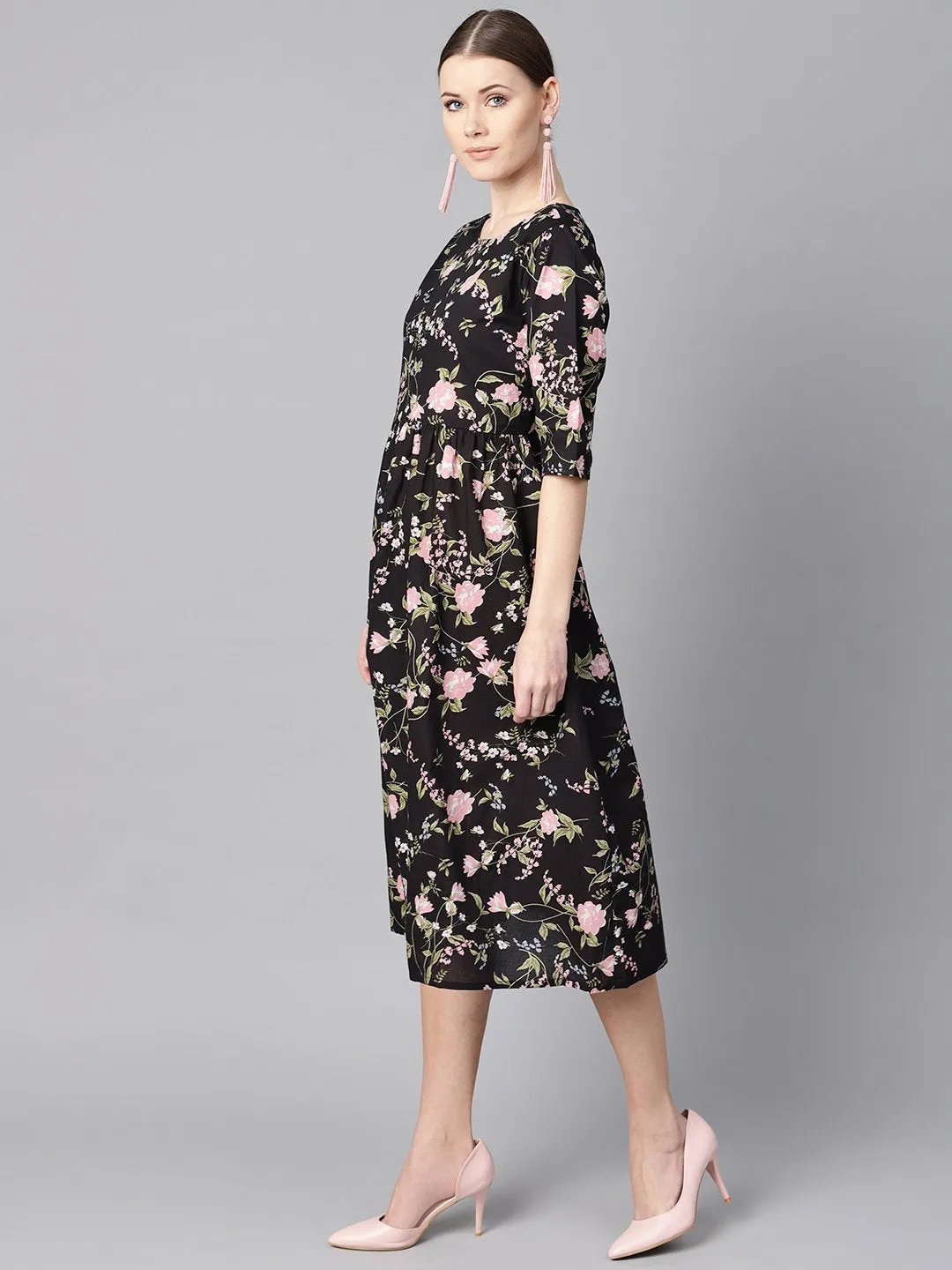 Black Floral Dress With Round Neck & Half Sleeves