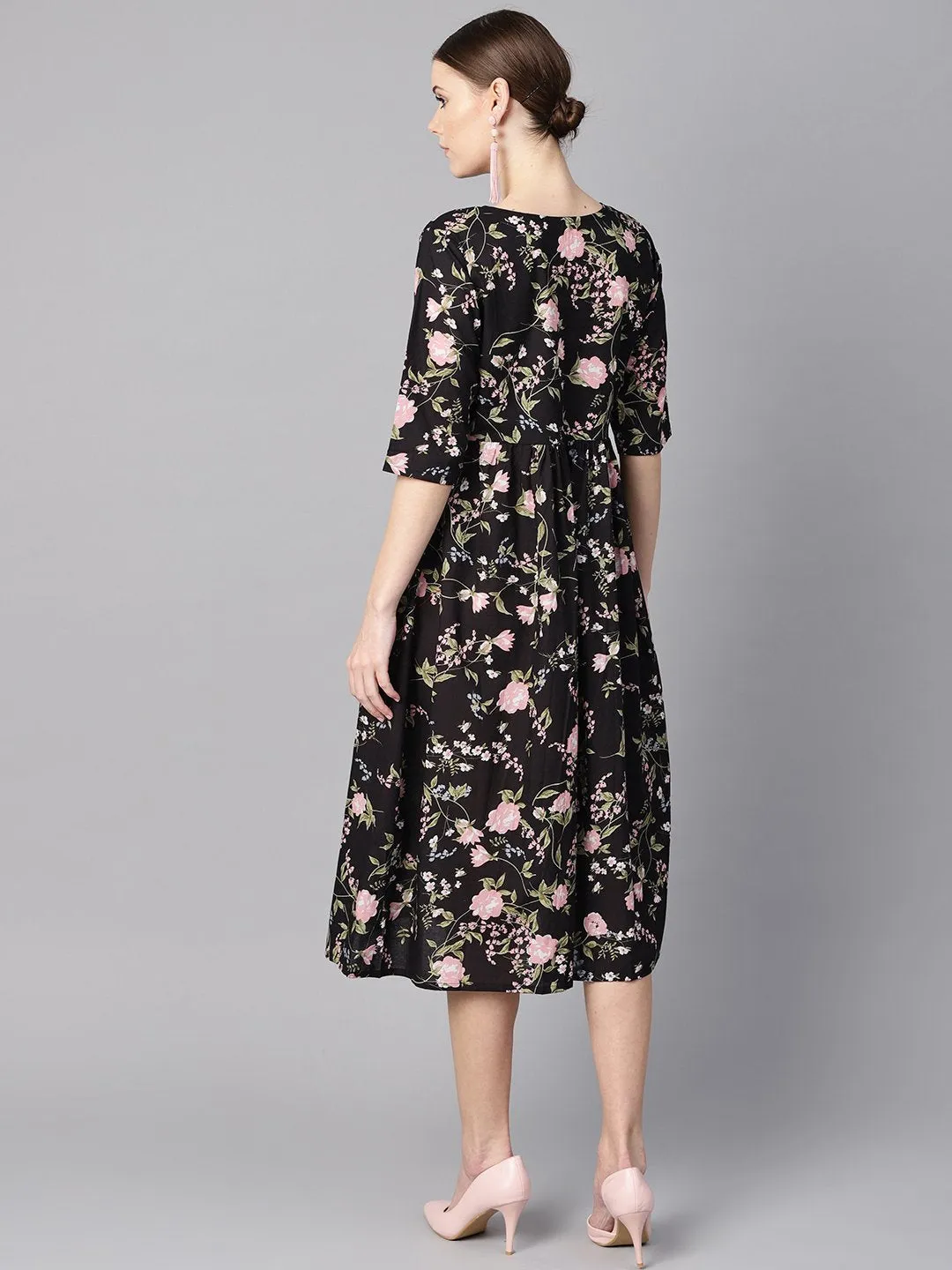 Black Floral Dress With Round Neck & Half Sleeves