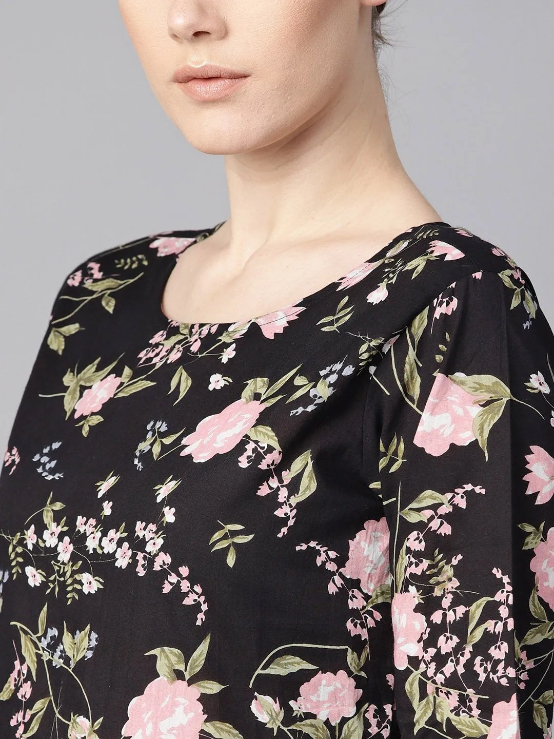 Black Floral Dress With Round Neck & Half Sleeves