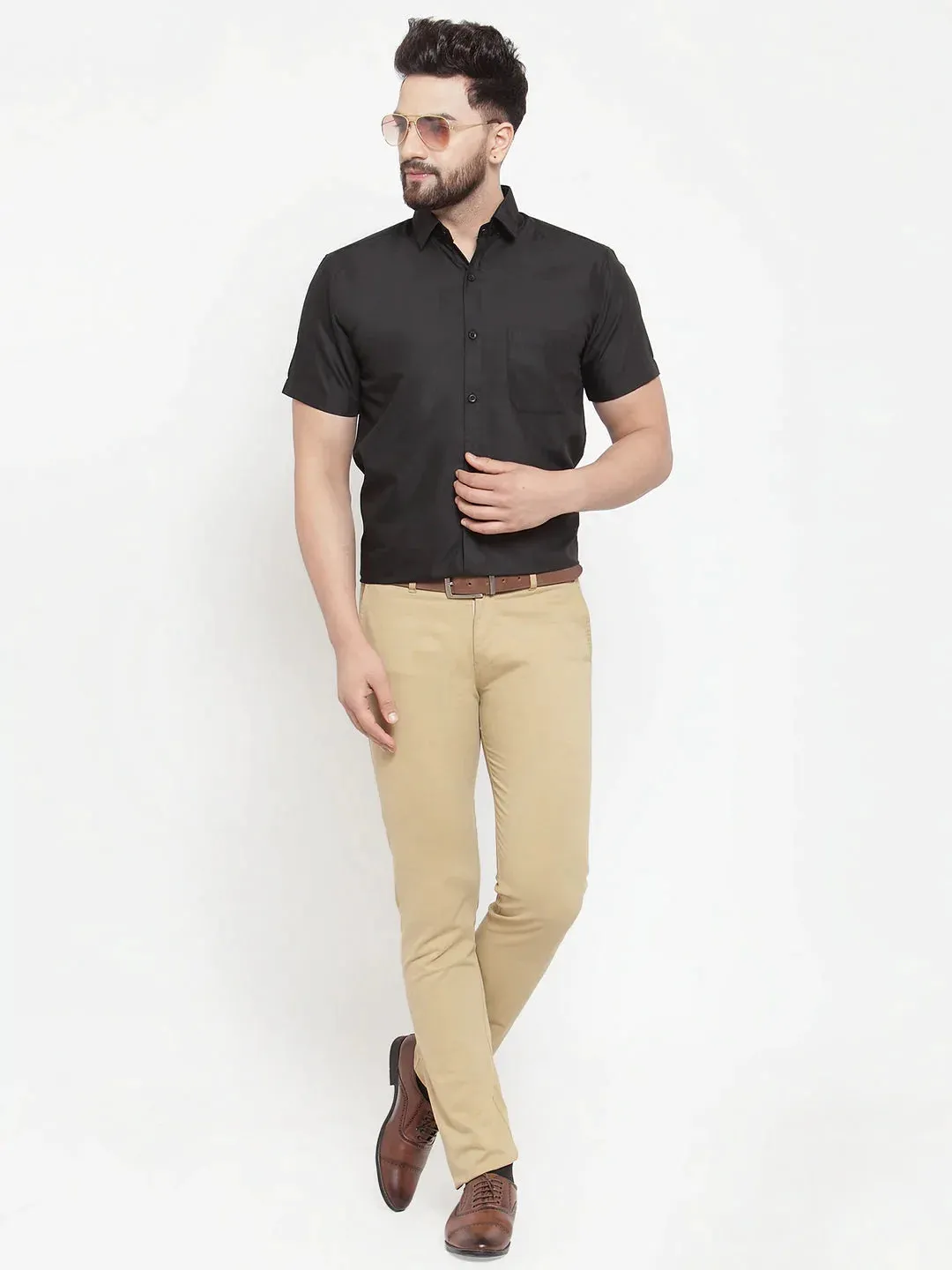 Black Men'S Cotton Half Sleeves Solid Formal Shirts