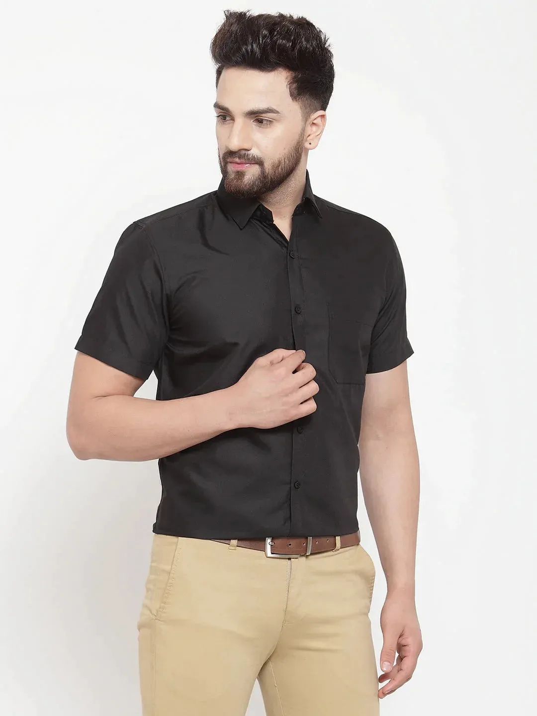 Black Men'S Cotton Half Sleeves Solid Formal Shirts