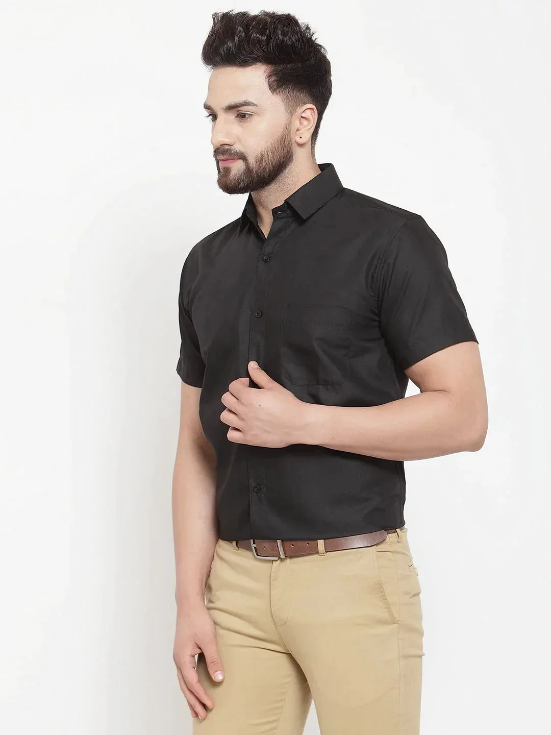 Black Men'S Cotton Half Sleeves Solid Formal Shirts