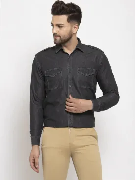 Black Men'S Denim Solid Formal Shirt'S