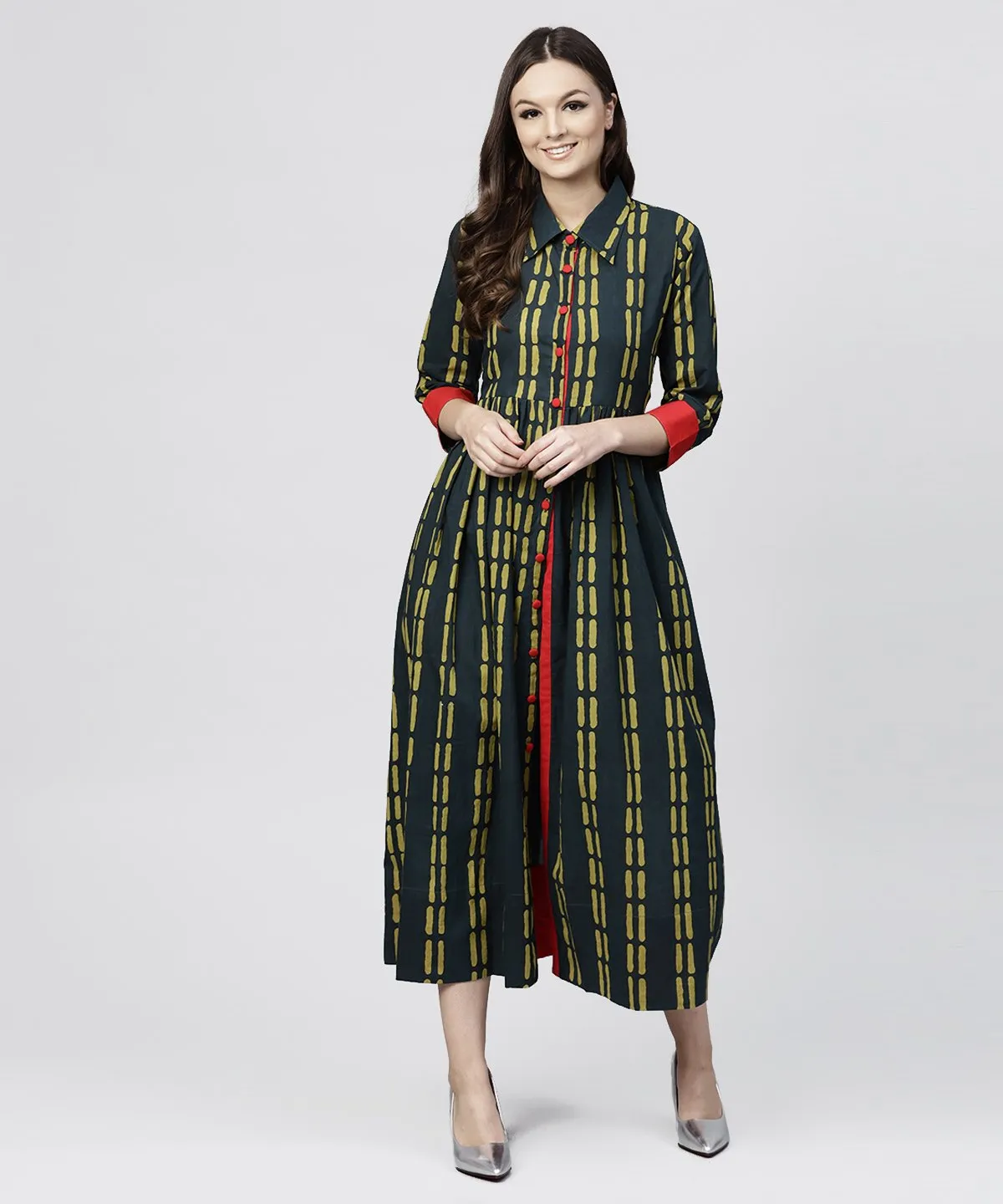 Blue Cotton Printed 3/4 Sleeves Kurta With Shirt Collar And Front Placket