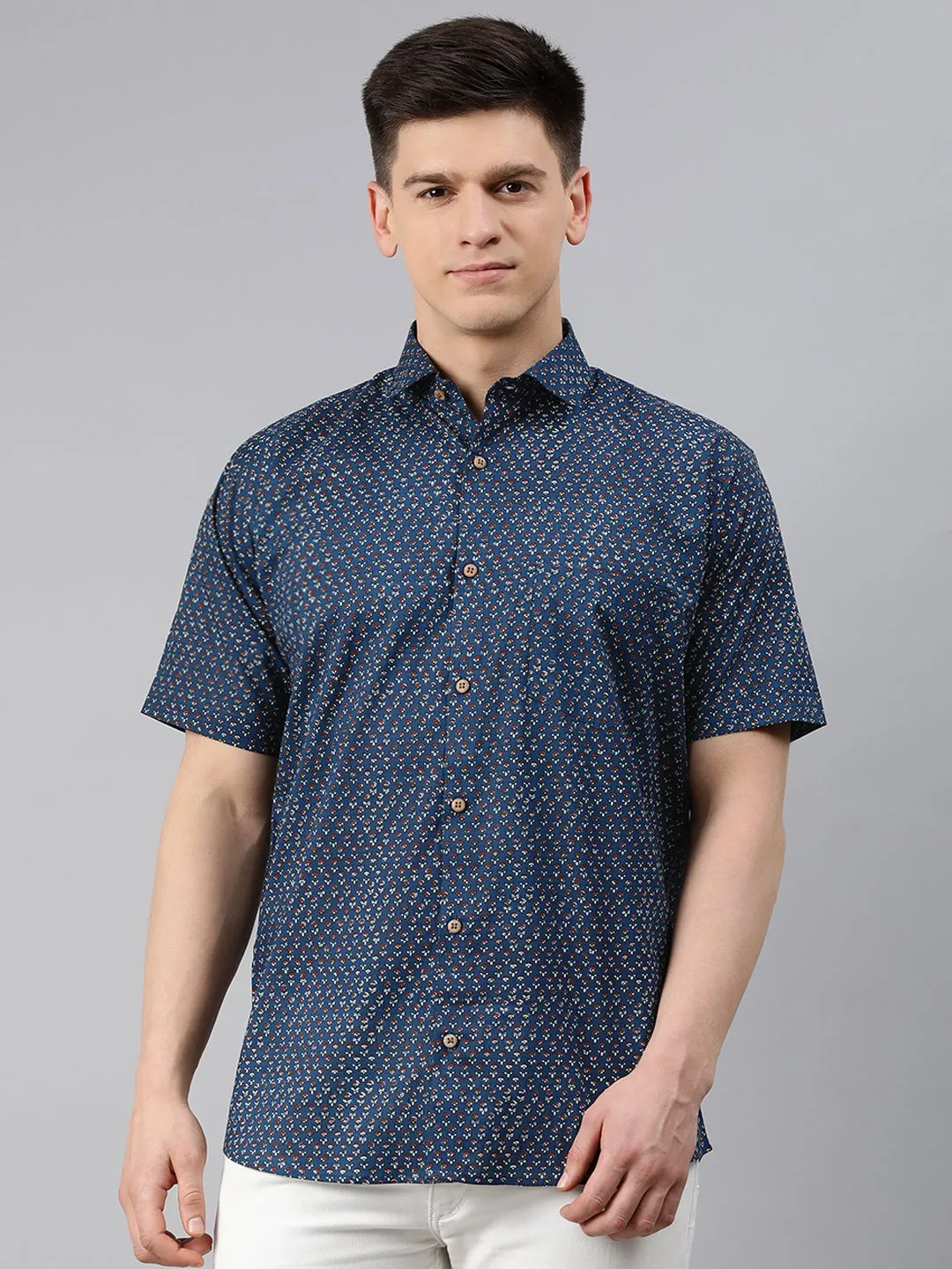 Blue Cotton Short Sleeves Shirts For Men-Mmh042