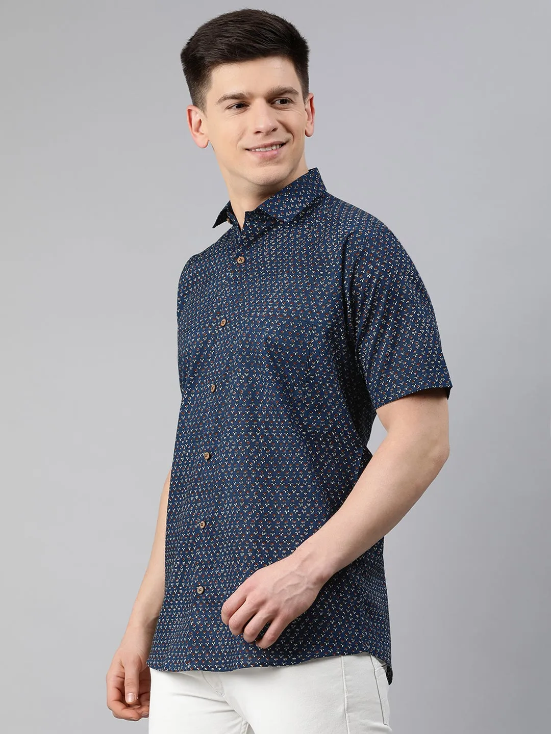 Blue Cotton Short Sleeves Shirts For Men-Mmh042