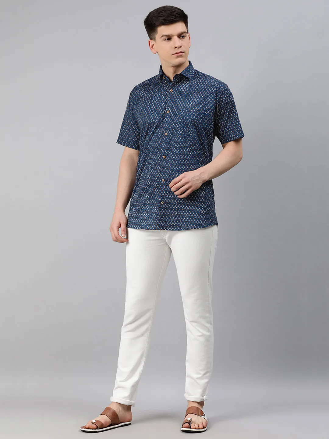 Blue Cotton Short Sleeves Shirts For Men-Mmh042