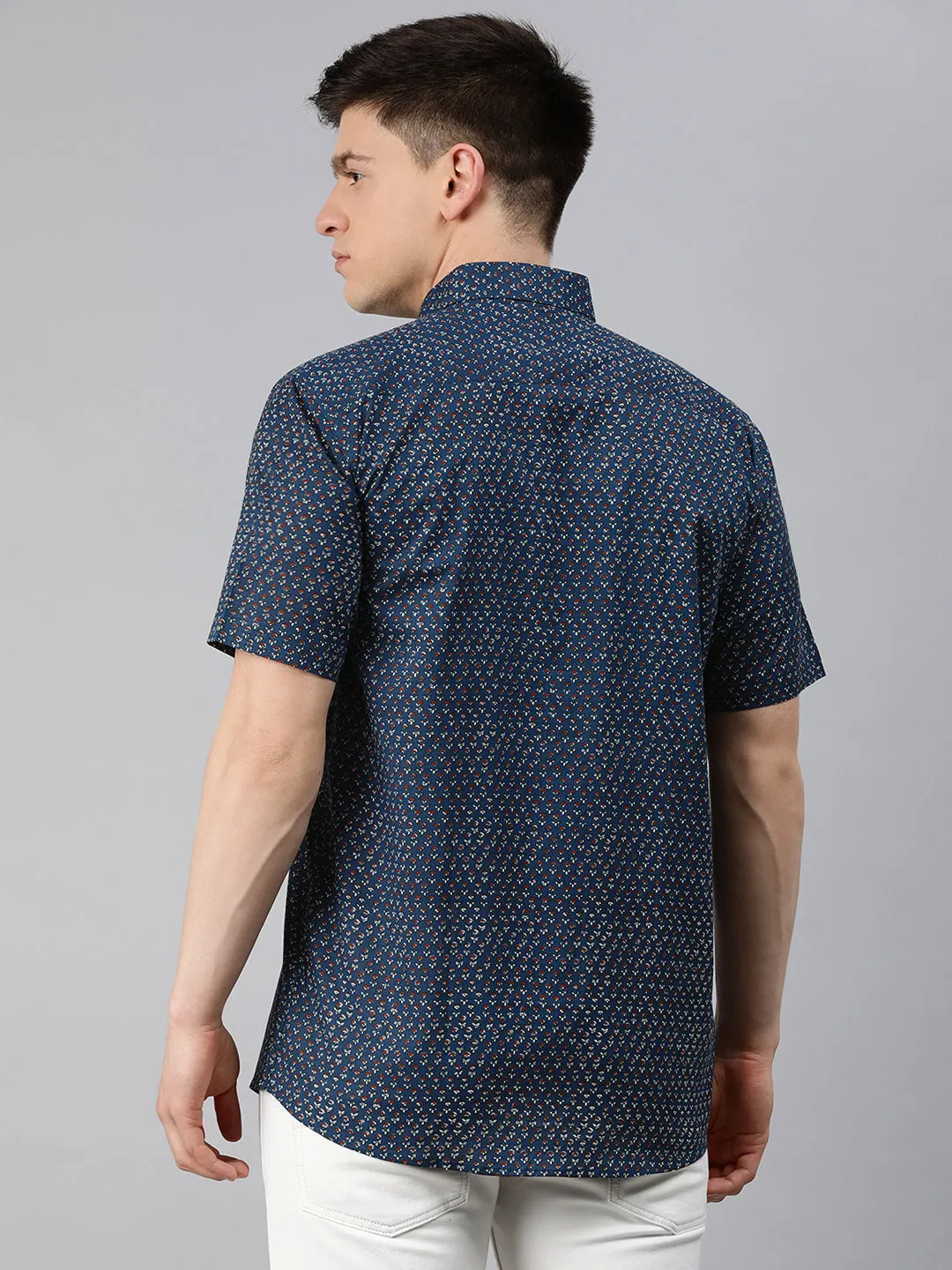 Blue Cotton Short Sleeves Shirts For Men-Mmh042