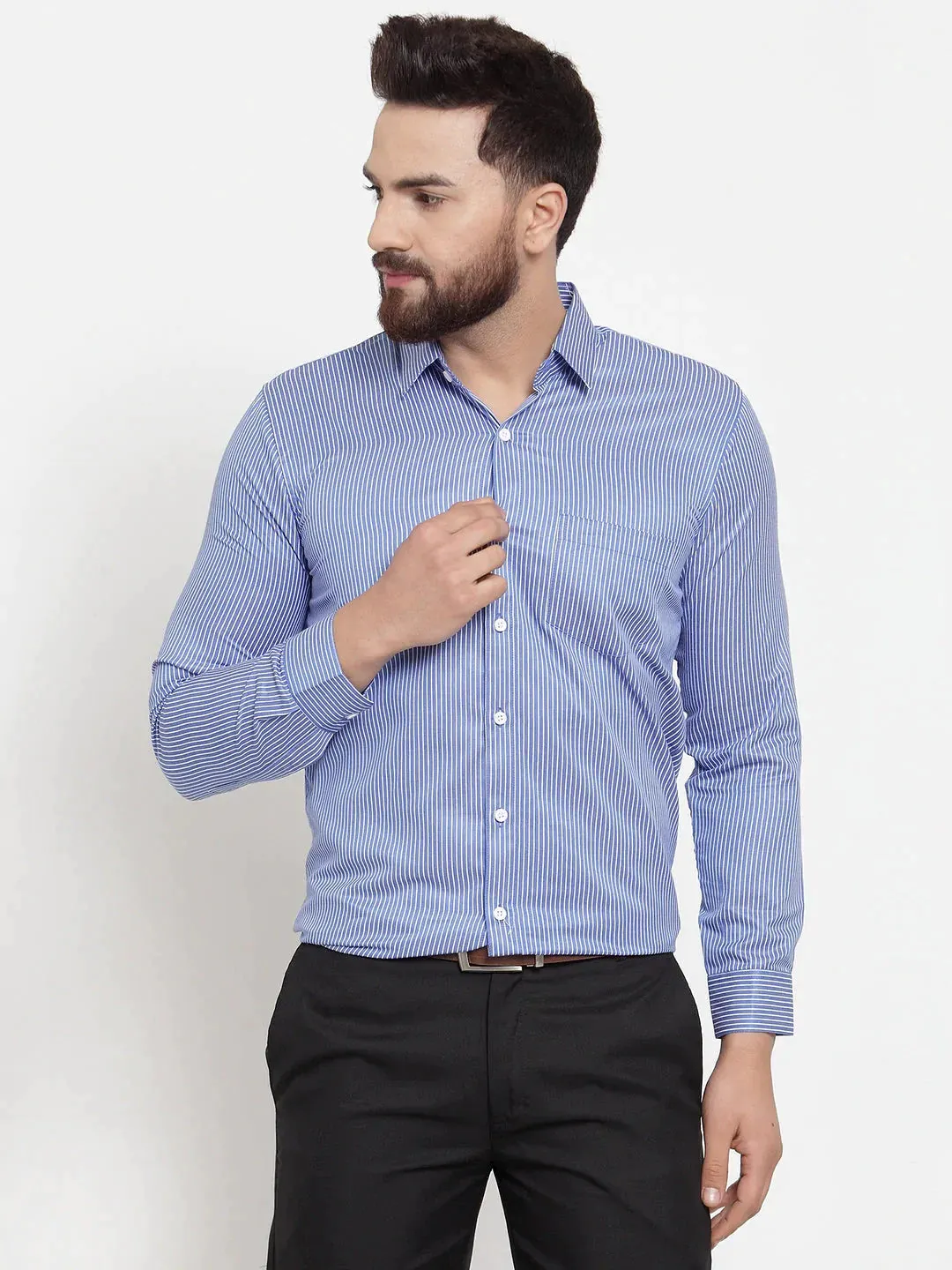 Blue Men'S Cotton Stiped Formal Shirts