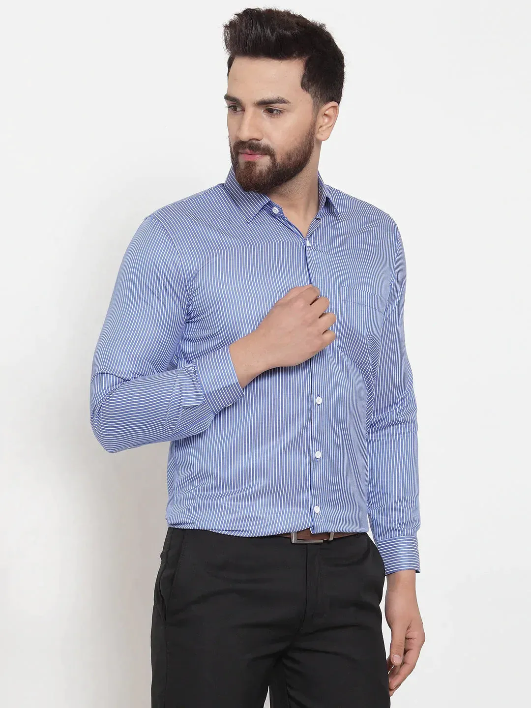 Blue Men'S Cotton Stiped Formal Shirts