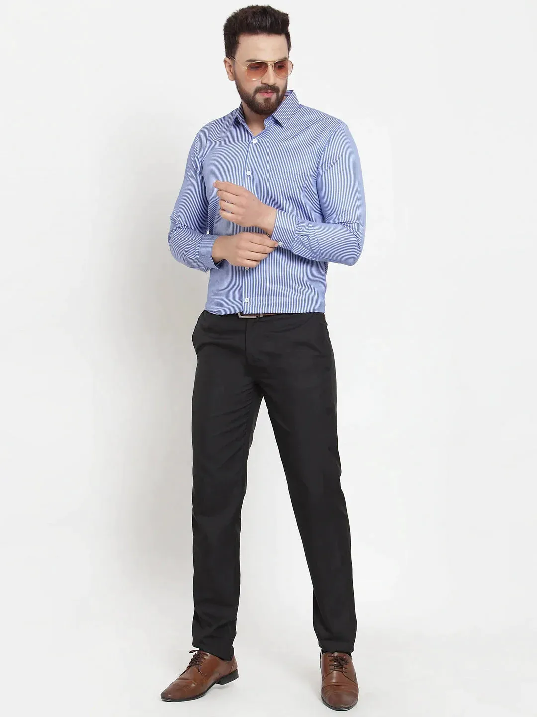 Blue Men'S Cotton Stiped Formal Shirts