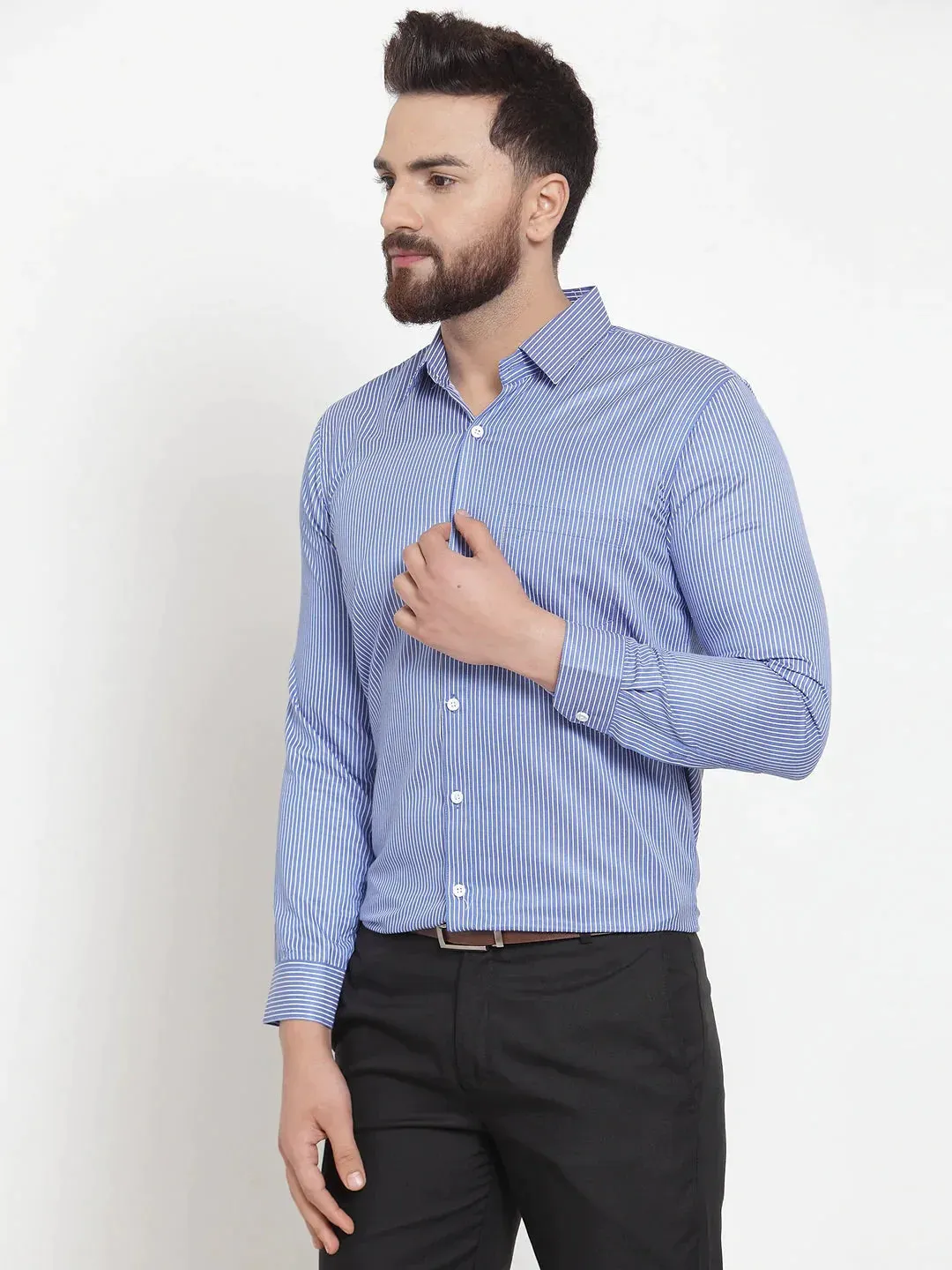 Blue Men'S Cotton Stiped Formal Shirts