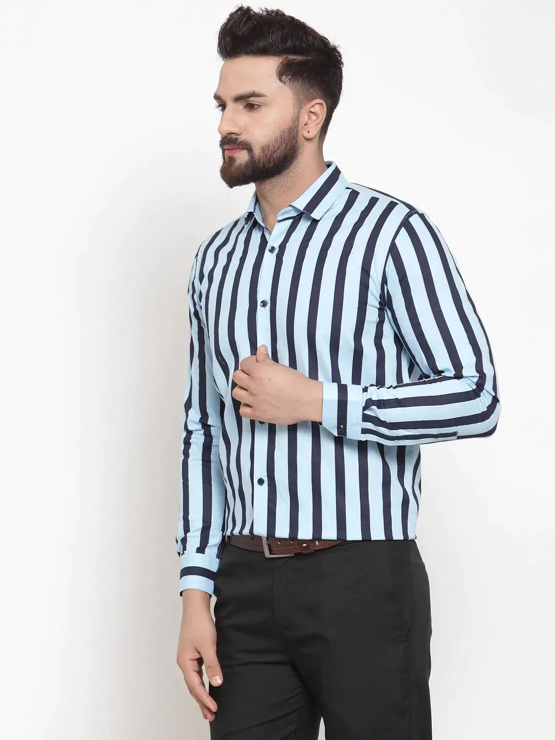 Blue Men'S Cotton Striped Formal Shirts