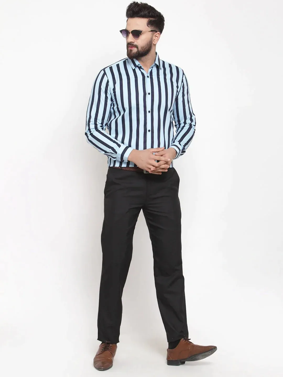 Blue Men'S Cotton Striped Formal Shirts