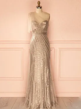 Champagne Long Sheath Evening Dresses One Shoulder Sequins Tulle Women