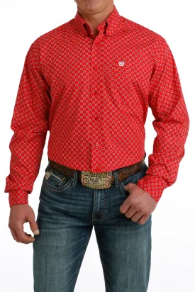 Cinch Red/White Medallion Print Button-Down Shirt for Men