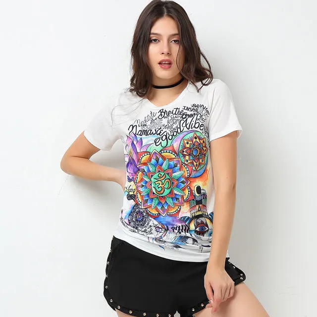 CWLSP Fashion Women T Shirts Short Sleeve women Print Letters T-Shirts Female Retro Graffiti Flower Tops Tee Lady T Shirts QA876