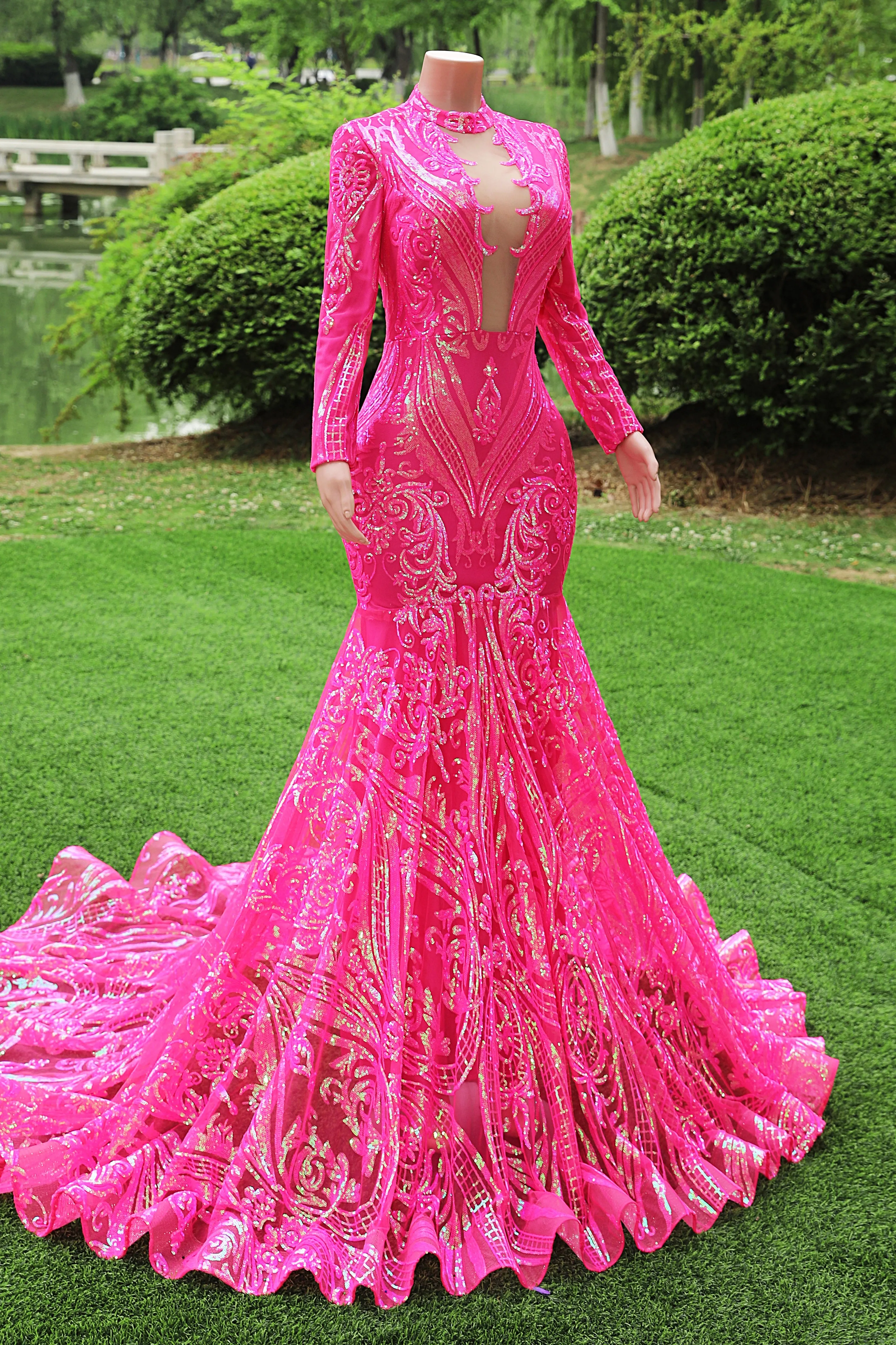 Elegant Hot Pink Mermaid Prom Dresses Sequin Evening Party Dress Pageant Dresses for Women