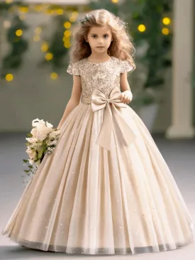 Elegant Kids Dresses for Girls Wedding Children Bow Flower Girl Long Gown Princess Birthday Party Embroidery 4-10 Y