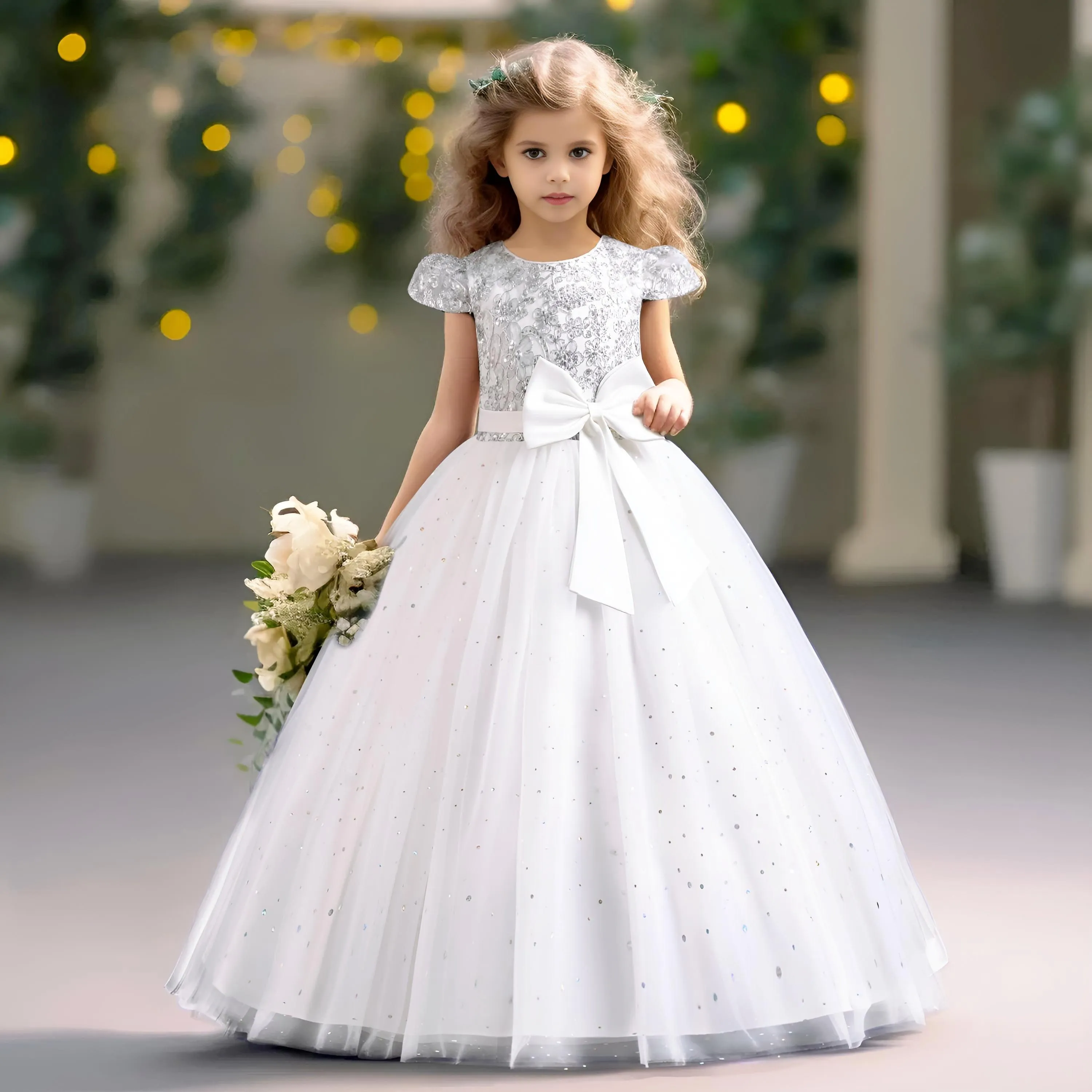 Elegant Kids Dresses for Girls Wedding Children Bow Flower Girl Long Gown Princess Birthday Party Embroidery 4-10 Y