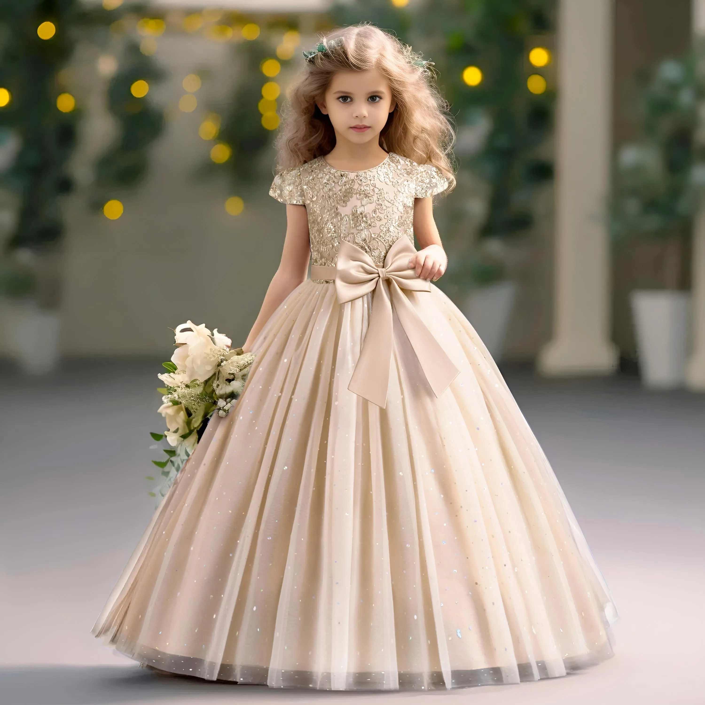 Elegant Kids Dresses for Girls Wedding Children Bow Flower Girl Long Gown Princess Birthday Party Embroidery 4-10 Y