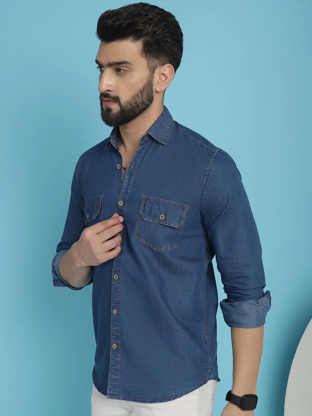 Faded Cotton Denim Casual Shirt