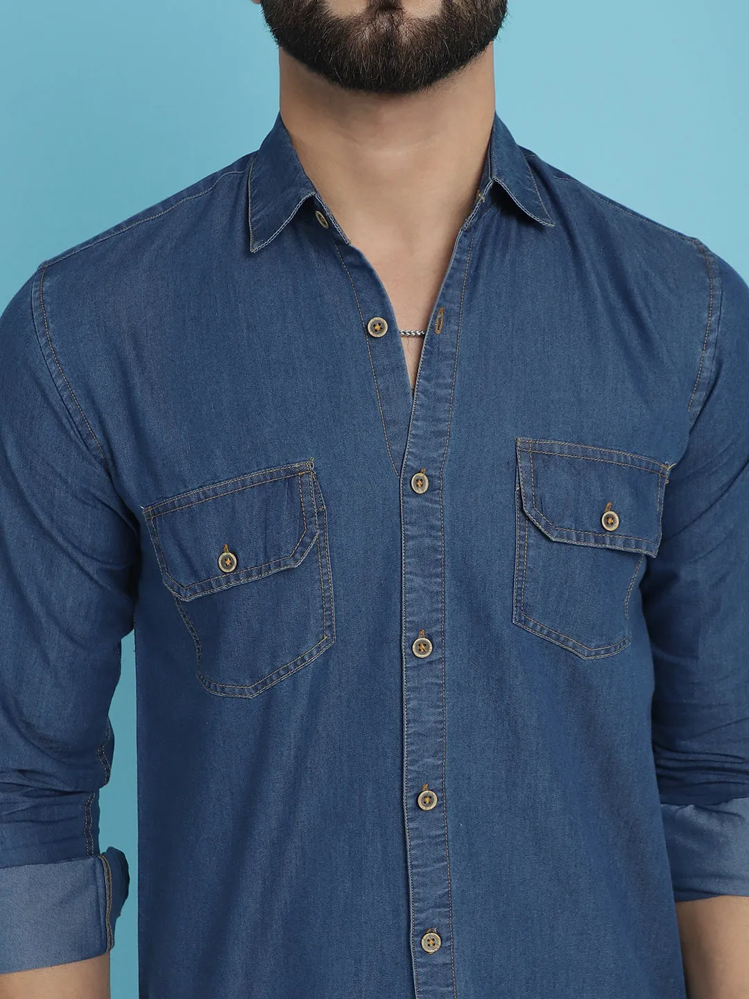 Faded Cotton Denim Casual Shirt